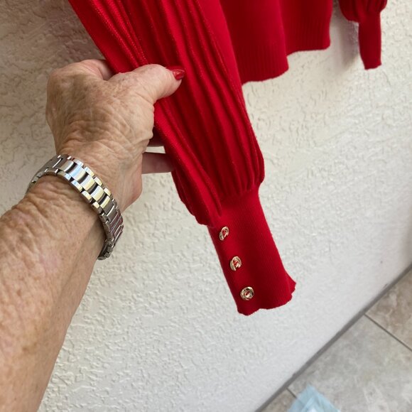 Nanette Lepore Red Sweater M NWT Mock Collar Ribbed Puff Sleeves Gold Metallic - Picture 2 of 9